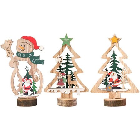 3 stk. Julebordpynt i tre - Juletrær, bordpynt, julenisse, snømann