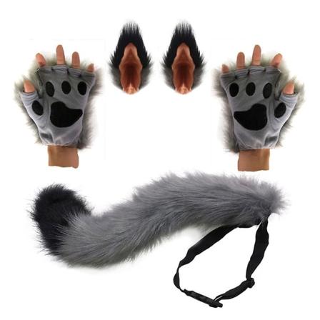 3-delt sett med dyrekostymetilbehør - Kunstig pels, katte- og ulveører, hårklipp, lang hale, plysjhansker, Halloween-cosplayrekvisitter