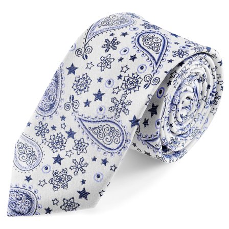 Zijden stropdas met wit en blauw paisleymotief | 6 cm voor mannen - Smalle stropdassen