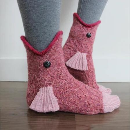 Julegave søt rosa stygg fisk åpning munn strikket bomull hjem sokker medium rør unisex dyrestrømpe