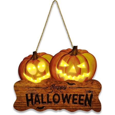 Onnellinen Halloween-puuplakatti, Halloween-koristeet, Halloween-puinen sein riipus etuovelle valolla