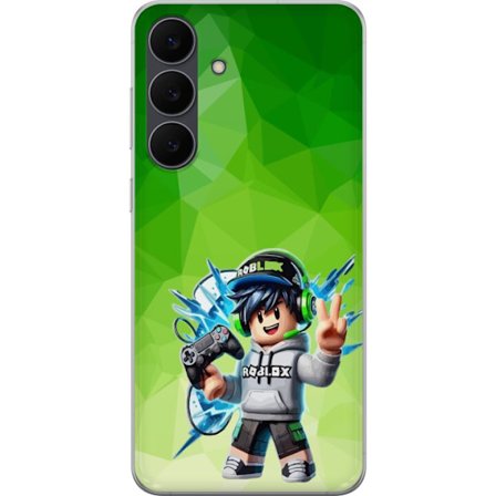 Kompatibelt Mobildeksel til Samsung Galaxy S25 FE Roblox-inspirert gamerfigur med headset, håndkontroll og energiske effekter mot grønn bakgrunn