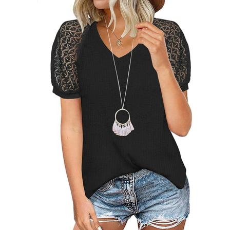 Kvinnor Casual Korta Ärmar Pure Color V-neck Hollow Blus Summ