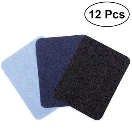 12 Stryge-på-lapper til trøjer, skjorter, albuer, knæ, jeans, denim - sort, mørkeblå, lyseblå