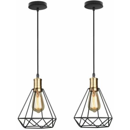 Sett med 2 Retro industriell LED-pendellampe med diamantbur, E27-pendellampe i jern, svart og ideell for spisestue, Livin