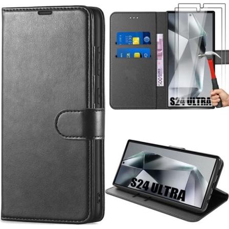 Etui + 2 hærdede briller til Samsung Galaxy S24 Ultra, stødsikkert beskyttelsescover, sort lædereffekt