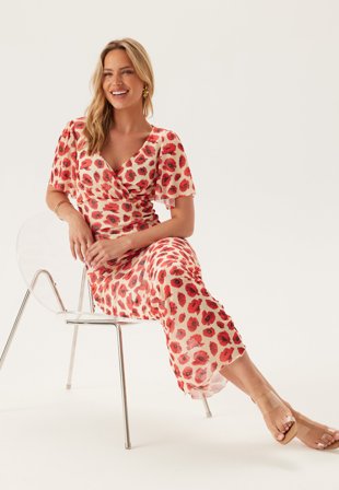 Bubbleroom Occasion Butterfly Sleeve Mesh Ankle Dress Red/Floral S