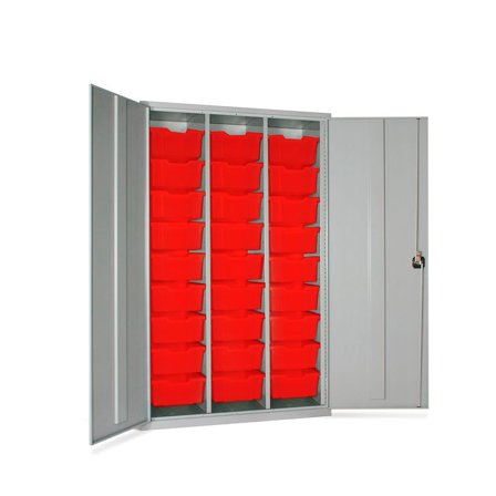 Lockable storage cupboard with trays, 27 trays, 1830x1120x457 mm, red