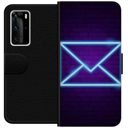 Kompatibel Tegnebogsetui til Huawei Huawei P40 Pro Neon illustration af kuvert i blåt lys mod lilla teglvæg, moderne symbol for beskeder kommunikati
