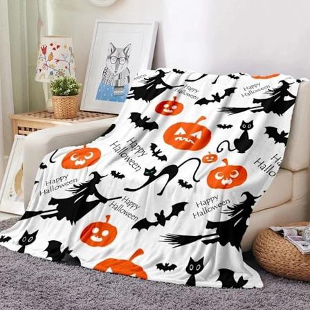 Halloween filt - Pumpa häxa fladdermus filt 50"x60"" - Mysig flanell grå Halloween dekoration för fest soffa säng vardagsrum stil 11"