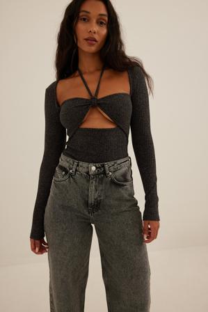 NA-KD Trend Haut à manches longues noué à col haut - Tops manches longues - Gris - Small