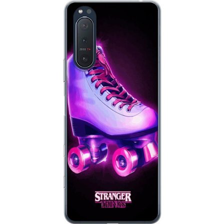 Kompatibelt Mobilskal till Sony Sony Xperia 5 II Rullskridskor i neonrosa och lila retroglowstil mot svart bakgrund, perfekt för åttiotalsinspirerad