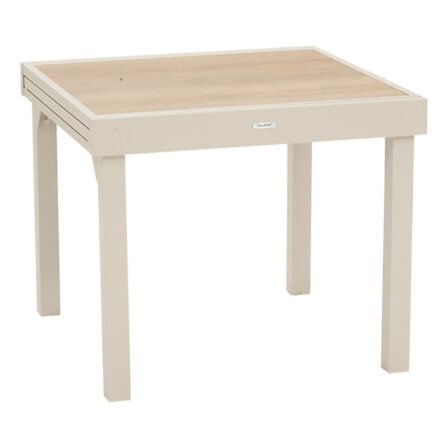 Udtrækkeligt spisebord i glas, 8 sæder, trælook