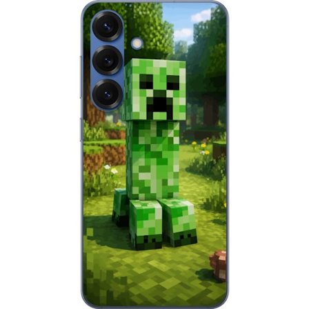 Kompatibelt Mobilskal till Samsung Samsung Galaxy S25+ Block-baserad Creeper-figur i en grön pixell värld, ikonisk spelillustration för barnrum, ga