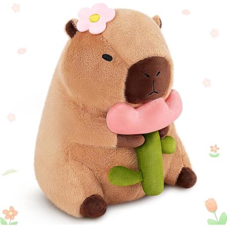 Capybara plyslegetøj, kawaii plyslegetøj med blomster, velegnet til børn og voksne fødselsdagsgaver (capybara holder blomster)