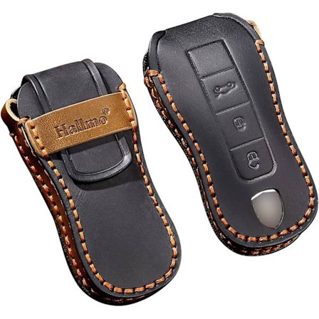 Lær nøkkelveske til bil for Porsche Cayenne Panamera 911 Carrera Taycan 2019-2020 - 3 knapper - Svart