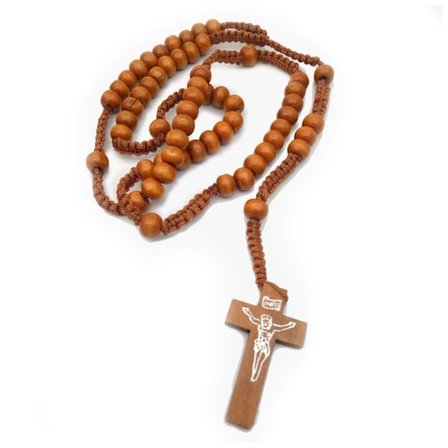 Lang brun halskæde roserary af træ lysebrune 8mm træ bolde