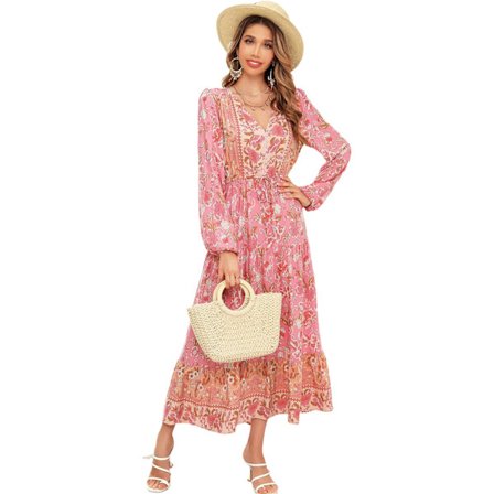 ivimos Dam långärmad bomull V-ringning knapp upp blommig tryck Boho flytande midiklänningar Ljusrosa Medium