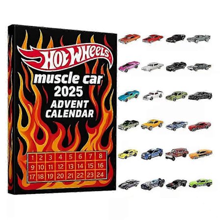 Julekalender 2025 - Nedtellingskalender med 24 dager Hot Wheels muskelbilserie blindboks Akrylornamenter, Gjenbrukbar juletre dekorasjon Bl