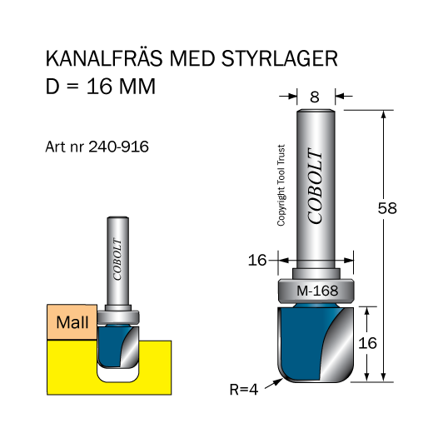 Cobolt 240-916 Kanalfres D=16 R=4 L=16, Maskintilbehør & forbruk