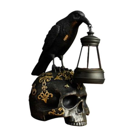 Ravn på hodeskallelampe Skrivebordsornament Ravn Hodeskalle Dekor for Skrivebord Festival Hage svart