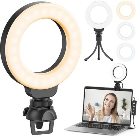 Ringlys med Stativ og Klip, 4'' Videokonferencelys, Selfie Ringlys, Justerbart LED Ringlys til Live Stream/Makeup/Video