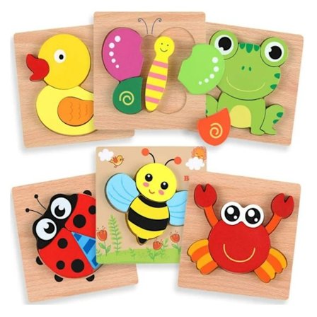 Träpussel för barn från 3 år - 6-delat pussel, pedagogiska leksaker, färgglada djurpresentset