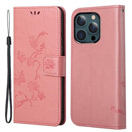 Läderfodral Fjärilar Iphone 13 Pro Max Rosa