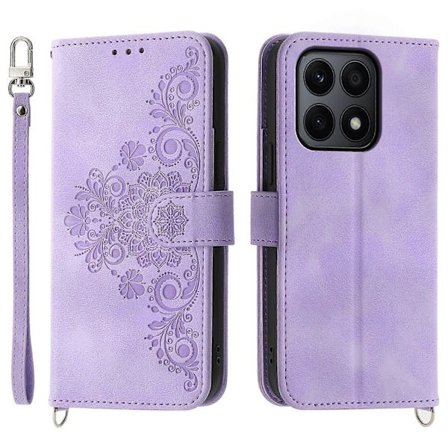 Honor X8b 4G Wallet Case med stropper og blomstermønstret læder