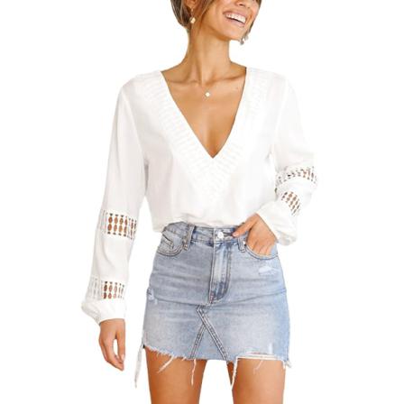 Dam Långärmad Enfärgad Tröja V-hals Baggy T-shirt