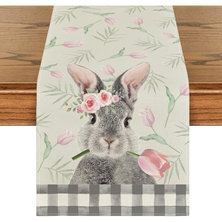 Easter Table Runner with Rabbit and Tulips, Seasonal Spring Tablecloth for Kitchen Table, Perfect for Home Decoration