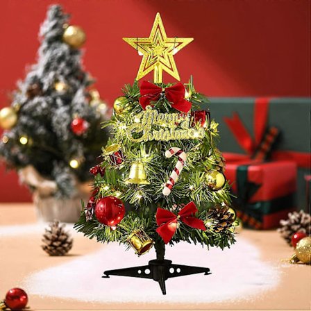 12 tommer mini bordjuletræ, kunstigt juletræ af fyr, med LED-lysstreng og julehuspynt