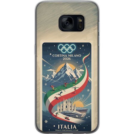 Yhteensopiva Puhelinkuori Samsung Galaxy S7 Mäkihyppykuvitus, jossa hiihtäjä tähtää kiväärillä lumisella radalla, teksti Milano Cortina 2026 ja olympi