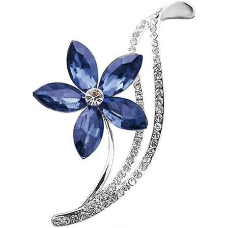 Generisk broche i sølvstål med blomstermotiv, hvide rhinsten og blå østrigske krystaller.