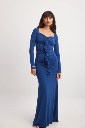 NA-KD - Kjole med blomsterdetaljer - Langermet maxi kjoler - Blå - XS