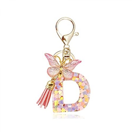 Mote Alfabetet Initial Bokstav Nøkkelring Dusj Butterfly Anheng Nøkkelring for Veske Håndvesker Kvinner Jente--D
