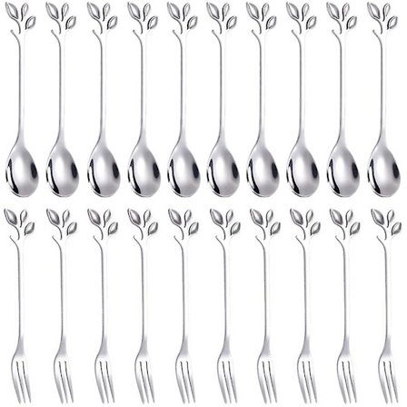 Dessert Sked- och Gaffelset, 20 st 4,7 tum Kaksgaffel, Kaffesked, Kreativ Silverblad Fruktgaffel, (10 st