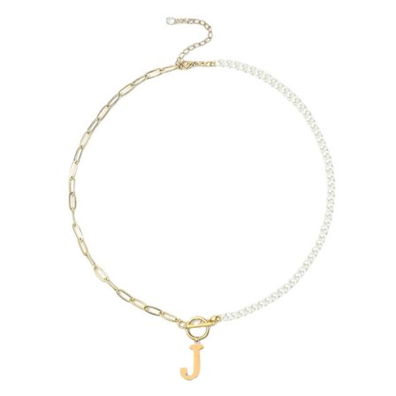 Guld Initial Pärlhalsband för Kvinnor 14K Guldpläterad Paperclip Länk Kedja Halsband Choker Toggle Lås Halsband Fint Pärlkedja Halsband Initial P