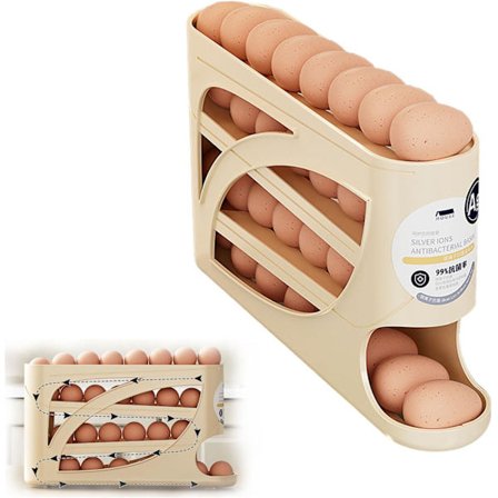 4-lags Æggeholder til køleskab, automatisk rullende æggeholder, pladsbesparende æggedispenser med automatisk rulning, æggeorganisator med stor 
