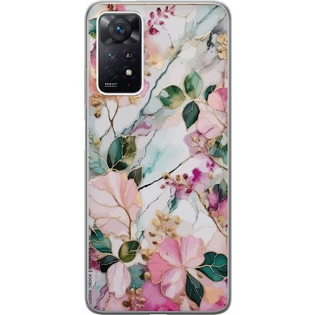 Kompatibel Mobilcover til Xiaomi Redmi Note 11 Pro Abstrakt marmormønster med blomster, blade og gyldne detaljer i bløde pastelfarver