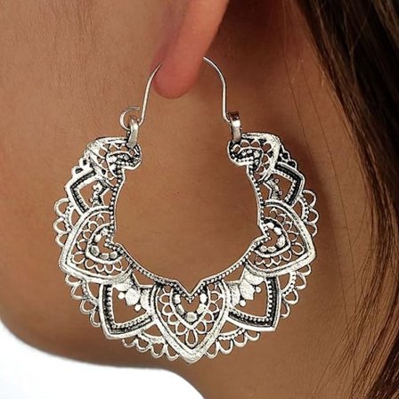 Bohemiska örhängen med genombruten design, silverfärgade Gypsy-örhängen, tribal vintage-örhängen, statement-örhängen, mandala-blomörhängen