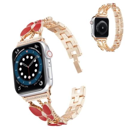 Apple Watch 42mm - 44mm urrem med rhinestone sommerfugledekor - Rødguld / Rød Pink