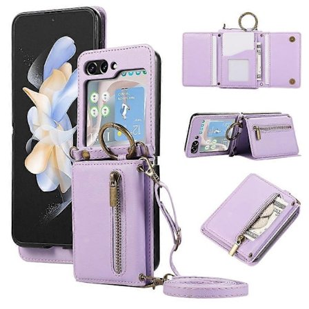 Kompatibel med Samsung Galaxy Z Flip7 5G Lær Bakdeksel Glidelås Lommebok Støtte Case med Skulderstropp-Perfet