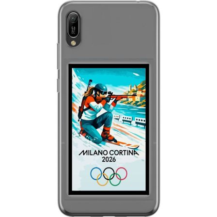 Kompatibelt Mobildeksel til Huawei Y6 Pro (2019) Retroplakat Cortina Milano 2026 med fjell, vintersportsutøvere, italienske trikolor, Milano-katedrale