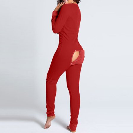 Undertøysjumpsuit med baklomme for kvinner Onesie Pyjamas Ryggknappet Bodycon Nattøy Voksne Onesies Combinaison Pyjama Femme Rød