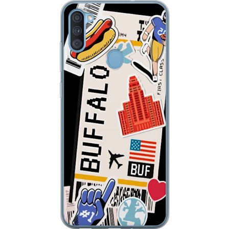 Kompatibelt Mobildeksel til Samsung Samsung Galaxy A11 Buffalo New York collage design med reisestickers USA symboler og urbant preg perfekt motiv for