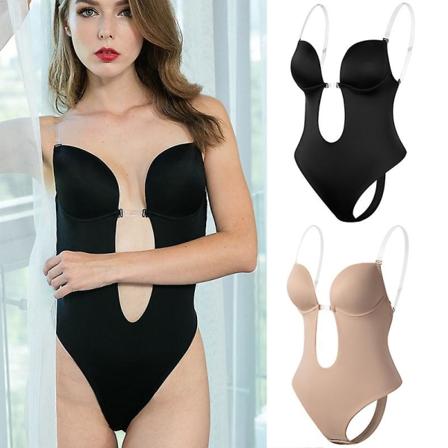 Kvinner ryggløs bodysuit Shapewear U Plunge Sømløs Thong Plunge Dyp V-hals Body Shaper For Bryllup Black M(34)