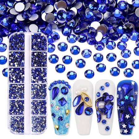 3600 stk Negledekorasjon med AB-Rhinestones, Perler, Neglesteiner, Runde Flatback-Steiner, 6 Størrelser med Boks, Mørk Blå