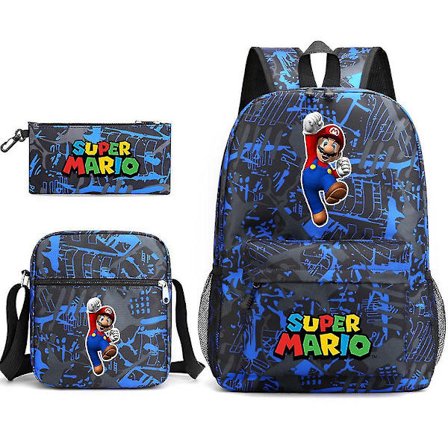 3pcs/set Anime Super Mario Satchel Blue Galaxy Backpack School Messenger Bag Pencil Bag