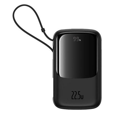 Baseus Qpow Pro+ 10000mAh 22,5W powerbank med innebygd USB-C-kabel og skjerm - svart